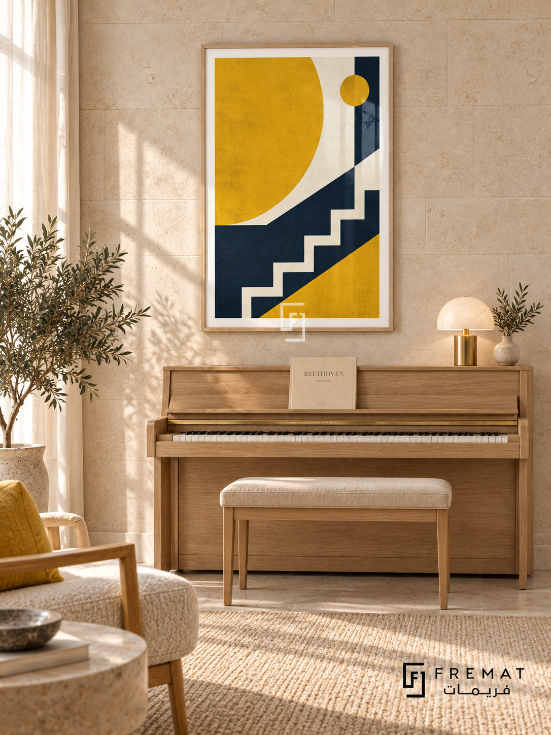 Solar Assembly: A large cropped golden-yellow circle and a smaller disc sit beside navy diagonal fields and an ivory stair-step line. Wooden Texture PVC frame displayed with a pale wood upright piano and padded bench.