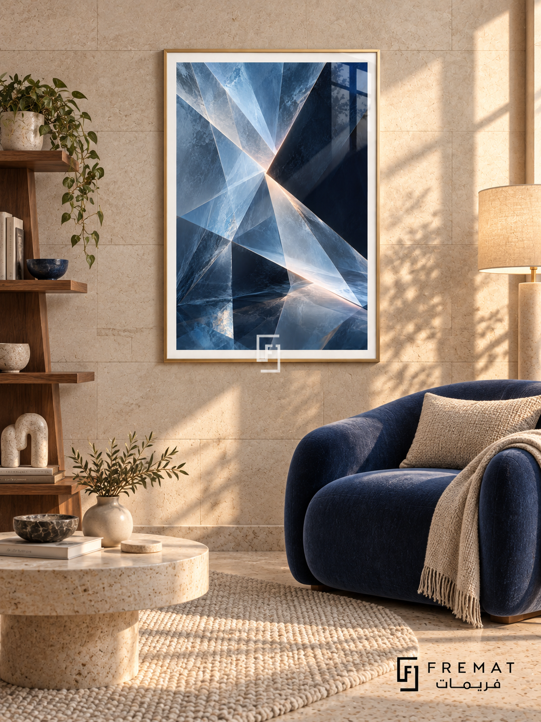 Glacial Prism: Angular translucent facets in ice blue, slate and deep navy converge around pale luminous seams, creating a crystalline illusion. Gold PVC frame displayed with a blue rounded armchair and open wood shelves.