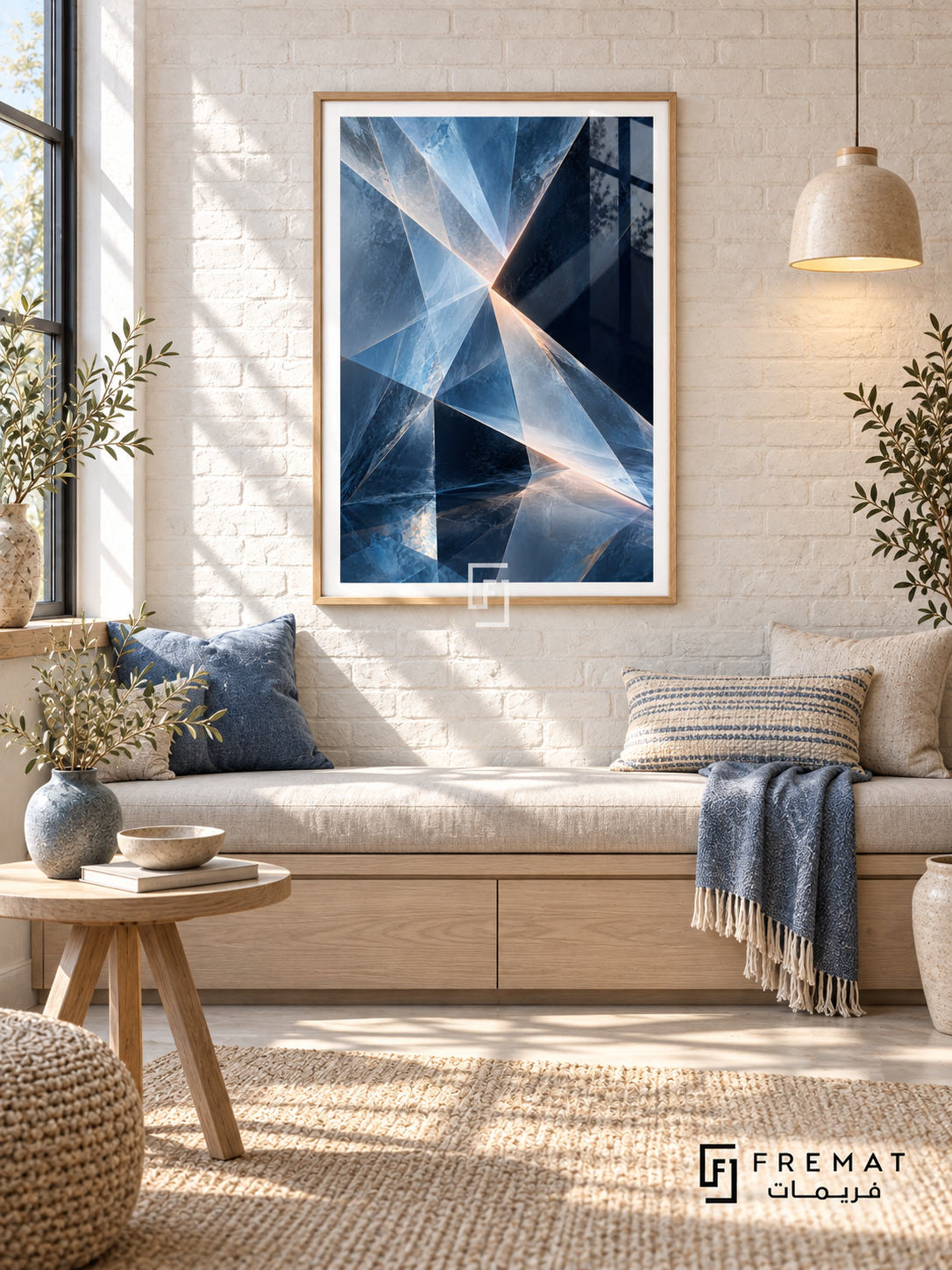 Glacial Prism: Angular translucent facets in ice blue, slate and deep navy converge around pale luminous seams, creating a crystalline illusion. Wooden Texture PVC frame displayed with a cushioned oak window bench with blue textiles.