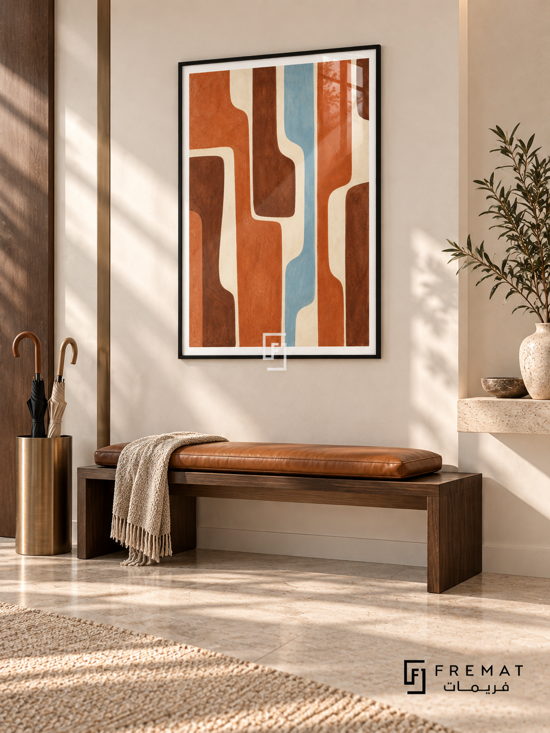 Clay Rhythm: Terracotta and dark clay bands run vertically with rounded bends, separated by ivory channels and a narrow pale blue stripe. Black PVC frame displayed with a dark entry bench with a leather cushion.