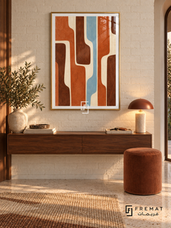 Clay Rhythm: Terracotta and dark clay bands run vertically with rounded bends, separated by ivory channels and a narrow pale blue stripe. Gold PVC frame displayed with a floating walnut console and rust stool.