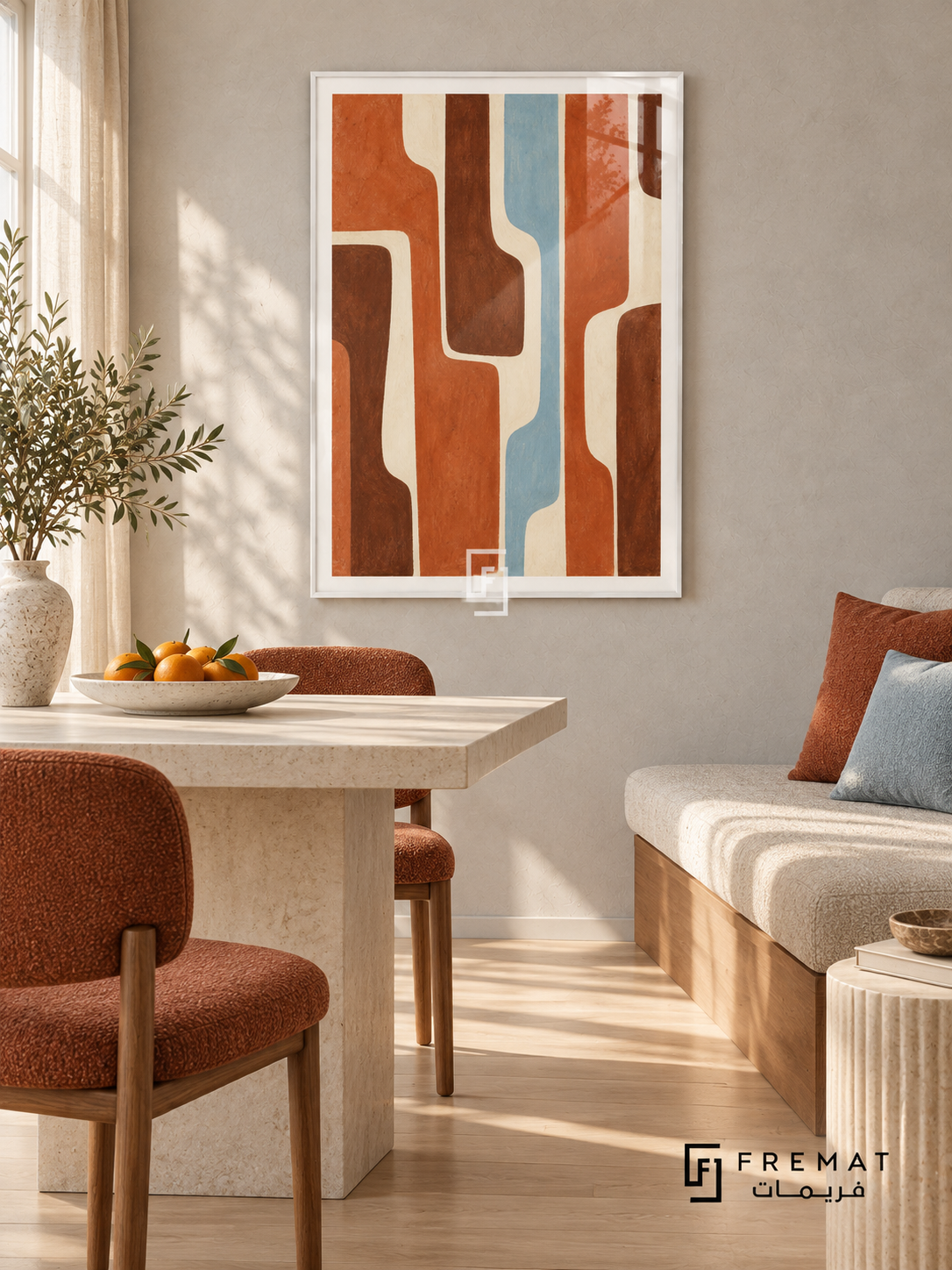 Clay Rhythm: Terracotta and dark clay bands run vertically with rounded bends, separated by ivory channels and a narrow pale blue stripe. White PVC frame displayed with a stone dining table and rust chairs.
