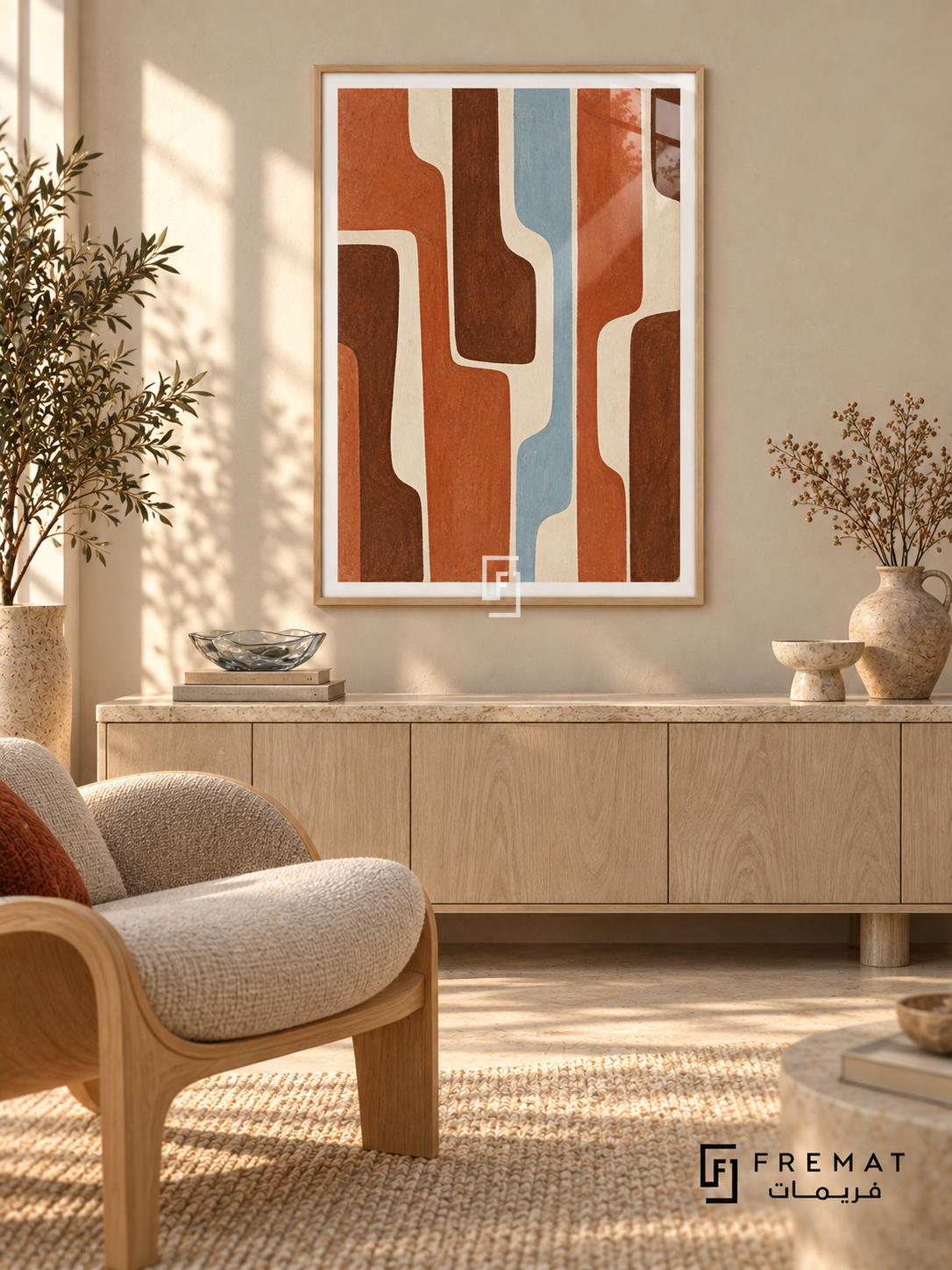 Clay Rhythm: Terracotta and dark clay bands run vertically with rounded bends, separated by ivory channels and a narrow pale blue stripe. Wooden Texture PVC frame displayed with a pale oak sideboard and curved lounge chair.