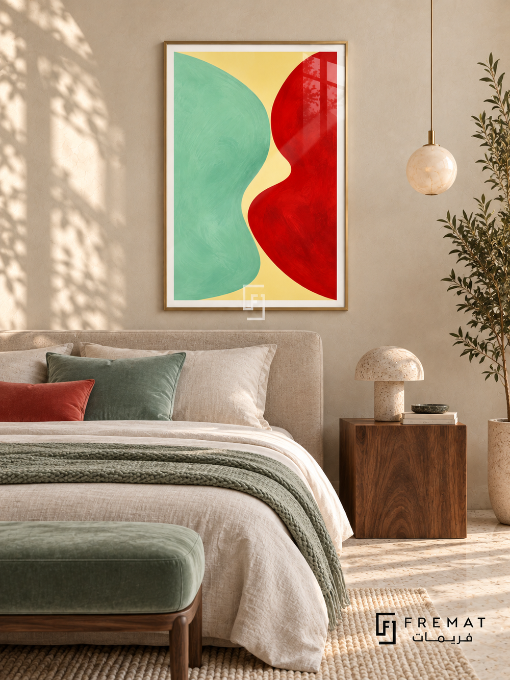 Mint Collision: A rounded mint-green mass and a vivid red form meet across a pale lemon channel, with loose painterly edges and textured color fields. Gold PVC frame displayed with a linen bed with green and rust cushions and a walnut nightstand.