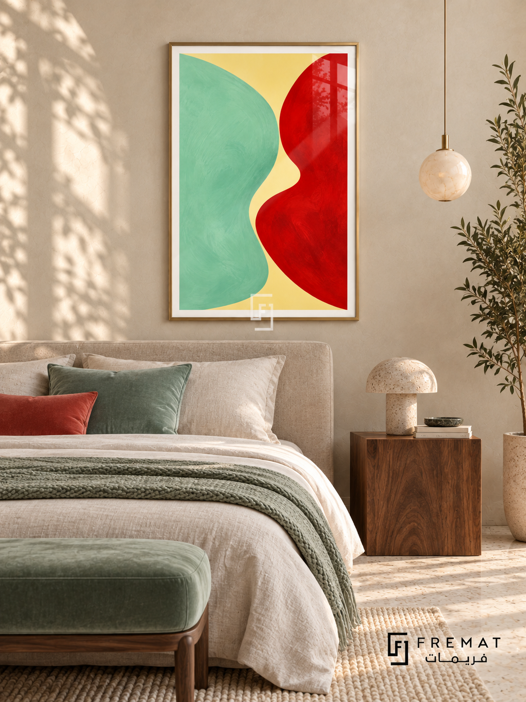 Mint Collision: A rounded mint-green mass and a vivid red form meet across a pale lemon channel, with loose painterly edges and textured color fields. Gold PVC frame displayed with a linen bed with green and rust cushions and a walnut nightstand.