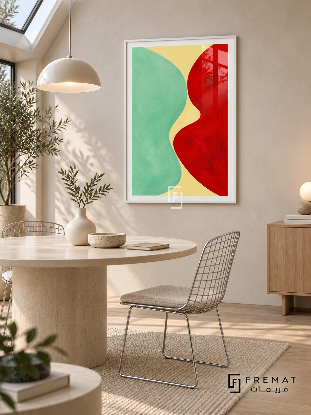 Mint Collision: A rounded mint-green mass and a vivid red form meet across a pale lemon channel, with loose painterly edges and textured color fields. White PVC frame displayed with a round stone table and wire chairs beneath a skylight.