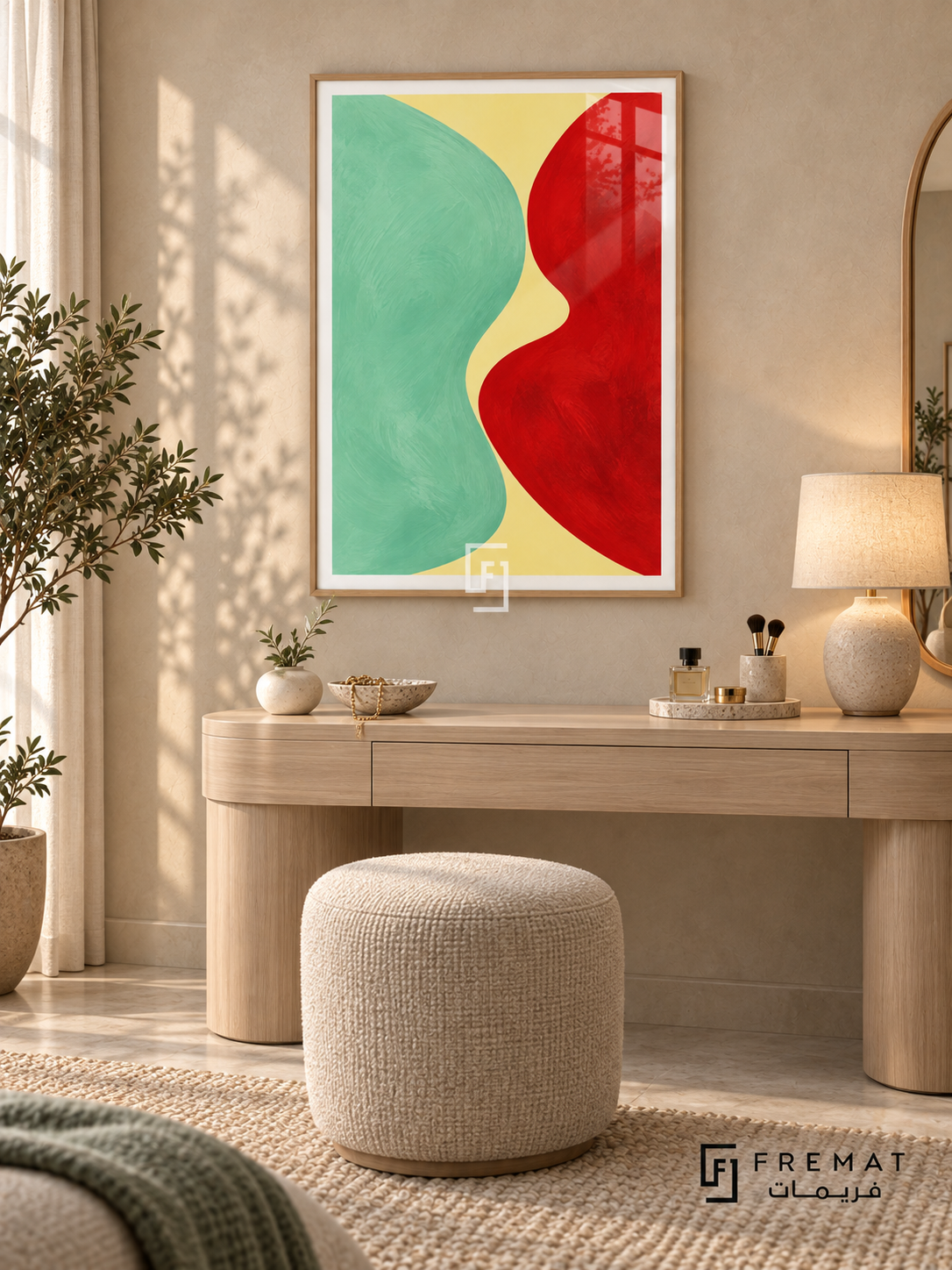 Mint Collision: A rounded mint-green mass and a vivid red form meet across a pale lemon channel, with loose painterly edges and textured color fields. Wooden Texture PVC frame displayed with a rounded oak vanity and cream stool.
