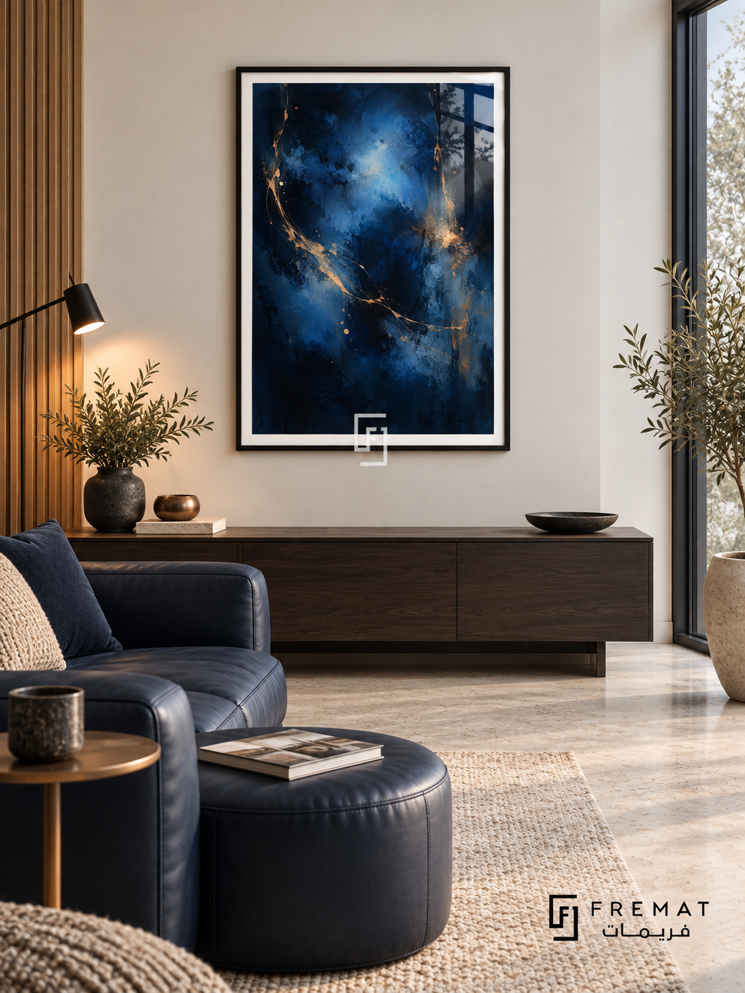 Midnight Vein: Luminous blue clouds emerge from deep navy and near-black textures, crossed by fine sweeping gold-colored veins and flecks. Black PVC frame displayed with a dark sideboard and navy leather lounge chair.