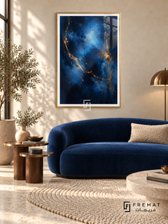 Midnight Vein: Luminous blue clouds emerge from deep navy and near-black textures, crossed by fine sweeping gold-colored veins and flecks. Gold PVC frame displayed with a curved navy sofa and brass side tables.