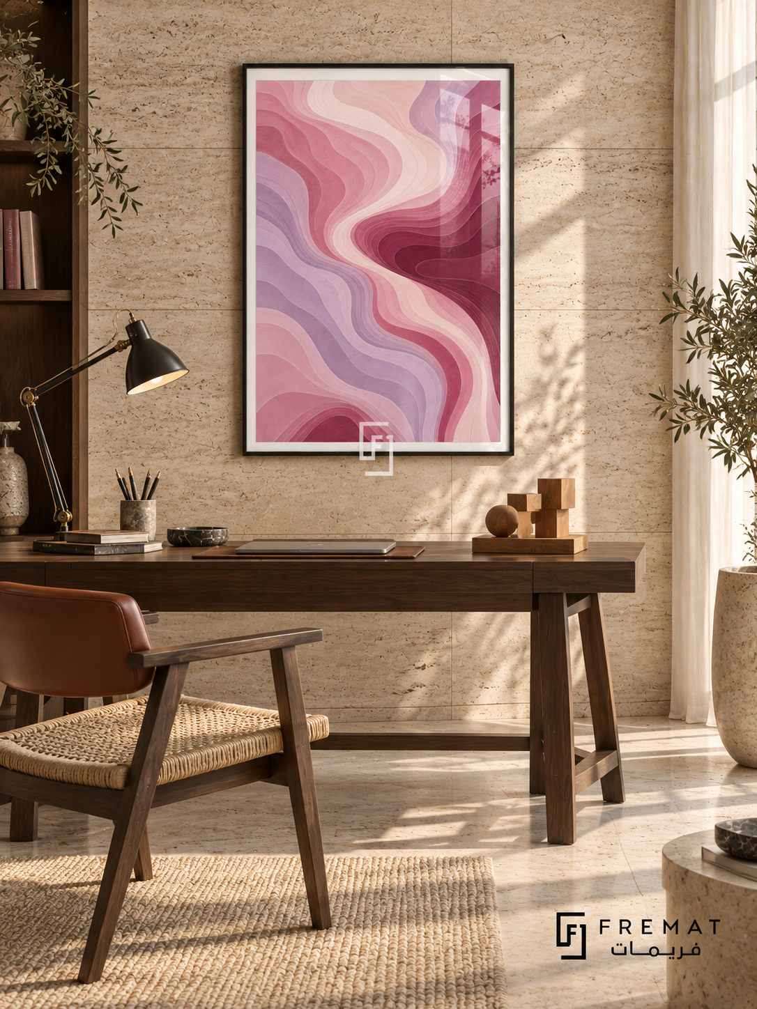 Rose Contours: Fine flowing contour lines follow layered blush, dusty rose, mauve and burgundy waves around a winding pale pink channel. Black PVC frame displayed with a dark trestle desk and woven leather-backed chair.