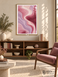 Rose Contours: Fine flowing contour lines follow layered blush, dusty rose, mauve and burgundy waves around a winding pale pink channel. Gold PVC frame displayed with a walnut book console and rose armchair.