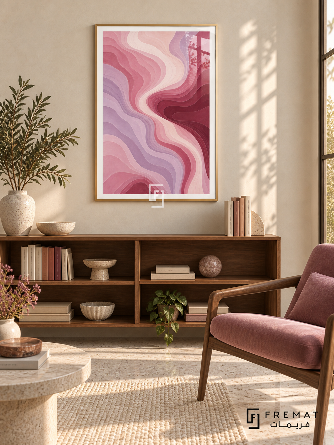 Rose Contours: Fine flowing contour lines follow layered blush, dusty rose, mauve and burgundy waves around a winding pale pink channel. Gold PVC frame displayed with a walnut book console and rose armchair.