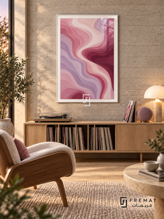 Rose Contours: Fine flowing contour lines follow layered blush, dusty rose, mauve and burgundy waves around a winding pale pink channel. White PVC frame displayed with an oak record cabinet and curved lounge chair.