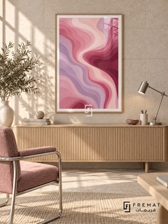 Rose Contours: Fine flowing contour lines follow layered blush, dusty rose, mauve and burgundy waves around a winding pale pink channel. Wooden Texture PVC frame displayed with a fluted oak desk and rose cantilever chair.