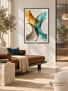 Amber Refraction: Translucent amber, teal and smoky gray ribbons curve across ivory, overlapping with luminous glass-like highlights and rippling light patterns. Black PVC frame displayed with a leather daybed beside a ribbed glass partition.