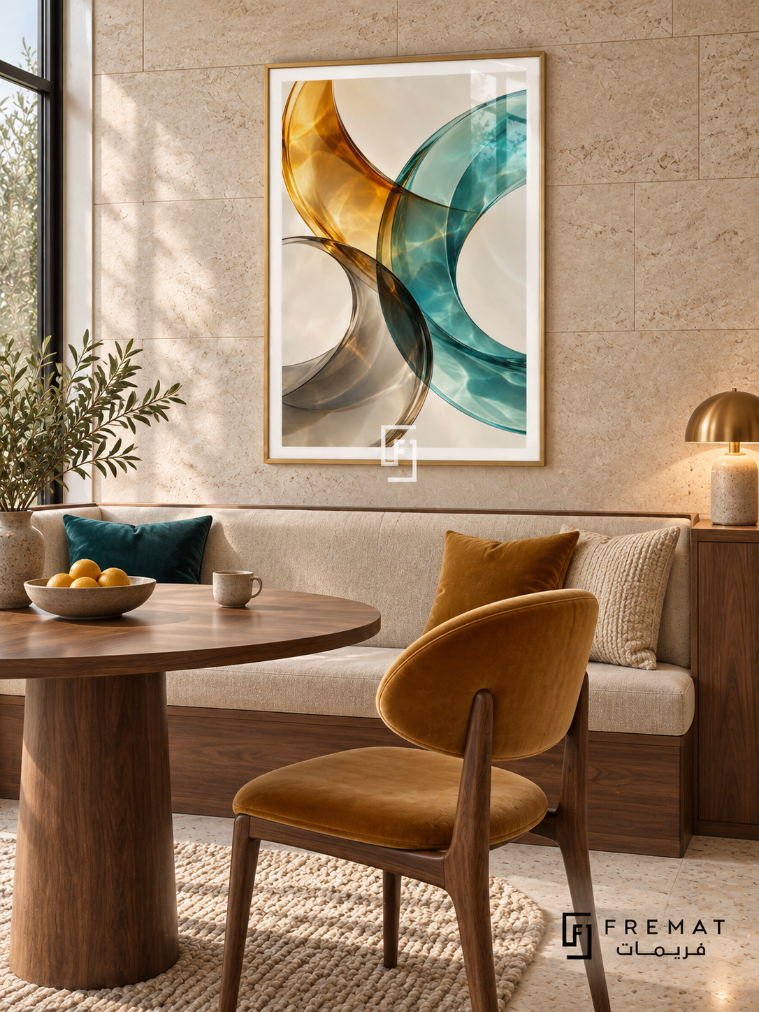 Amber Refraction: Translucent amber, teal and smoky gray ribbons curve across ivory, overlapping with luminous glass-like highlights and rippling light patterns. Gold PVC frame displayed with a walnut dining table with cream banquette and mustard chair.