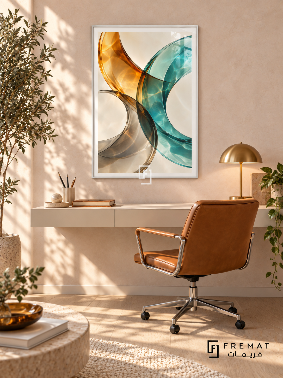 Amber Refraction: Translucent amber, teal and smoky gray ribbons curve across ivory, overlapping with luminous glass-like highlights and rippling light patterns. White PVC frame displayed with a floating cream desk and leather swivel chair.