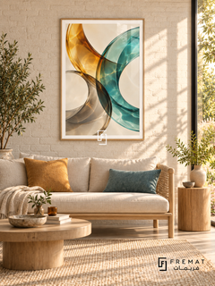 Amber Refraction: Translucent amber, teal and smoky gray ribbons curve across ivory, overlapping with luminous glass-like highlights and rippling light patterns. Wooden Texture PVC frame displayed with a woven oak sofa and round wooden coffee table.