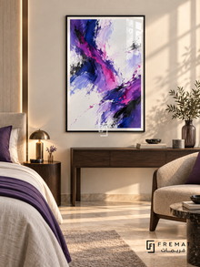 Violet Velocity: Energetic violet, magenta, cobalt and black brush-like strokes sweep diagonally through broad white and pale lavender spaces. Black PVC frame displayed with a neutral bed and dark walnut console with purple textiles.