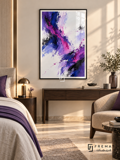 Violet Velocity: Energetic violet, magenta, cobalt and black brush-like strokes sweep diagonally through broad white and pale lavender spaces. Black PVC frame displayed with a neutral bed and dark walnut console with purple textiles.