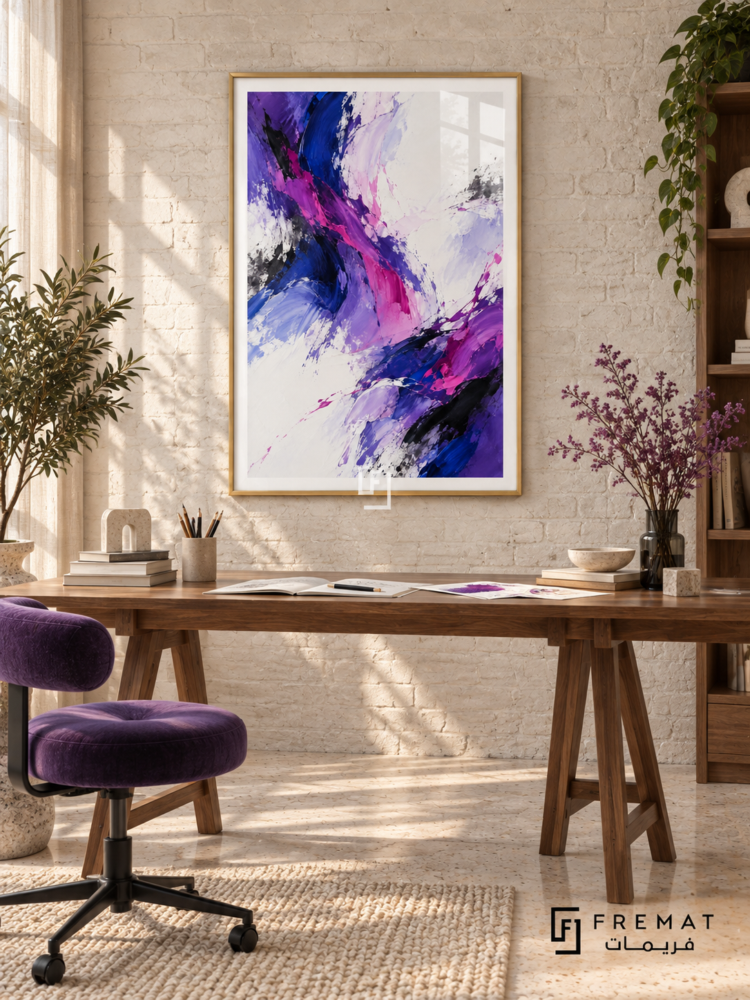 Violet Velocity: Energetic violet, magenta, cobalt and black brush-like strokes sweep diagonally through broad white and pale lavender spaces. Gold PVC frame displayed with a walnut trestle desk and purple swivel chair.