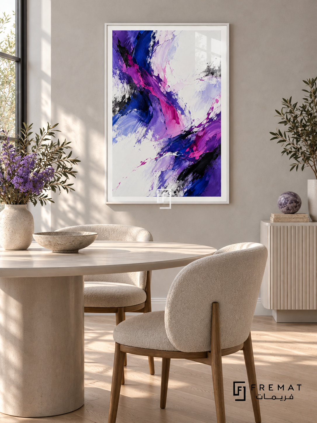 Violet Velocity: Energetic violet, magenta, cobalt and black brush-like strokes sweep diagonally through broad white and pale lavender spaces. White PVC frame displayed with a round stone dining table and cream chairs.