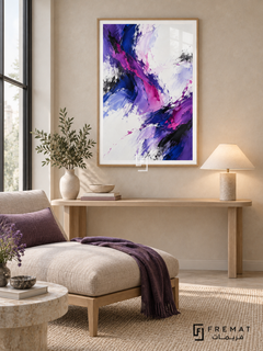 Violet Velocity: Energetic violet, magenta, cobalt and black brush-like strokes sweep diagonally through broad white and pale lavender spaces. Wooden Texture PVC frame displayed with a cream chaise and pale oak console.