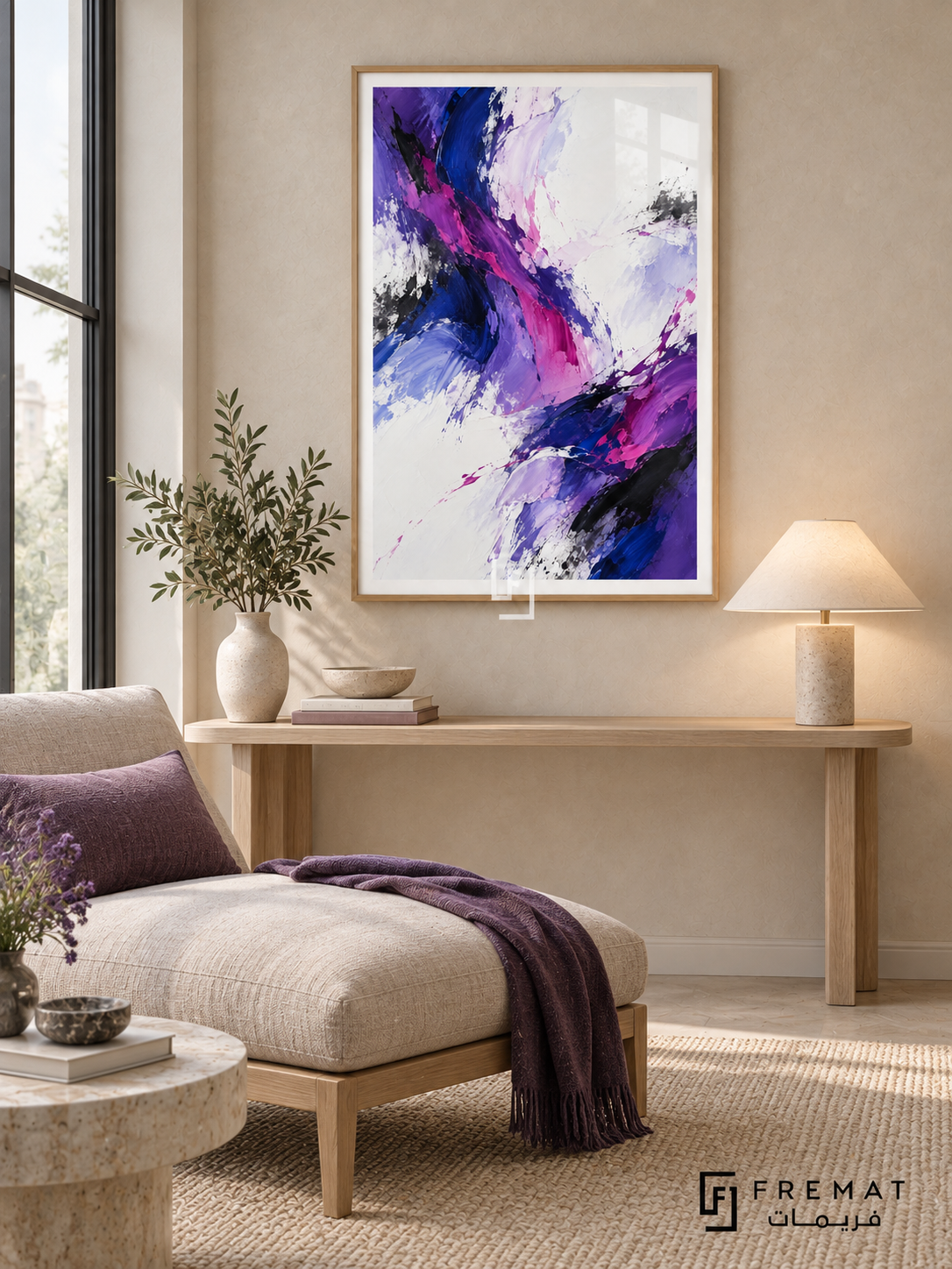 Violet Velocity: Energetic violet, magenta, cobalt and black brush-like strokes sweep diagonally through broad white and pale lavender spaces. Wooden Texture PVC frame displayed with a cream chaise and pale oak console.