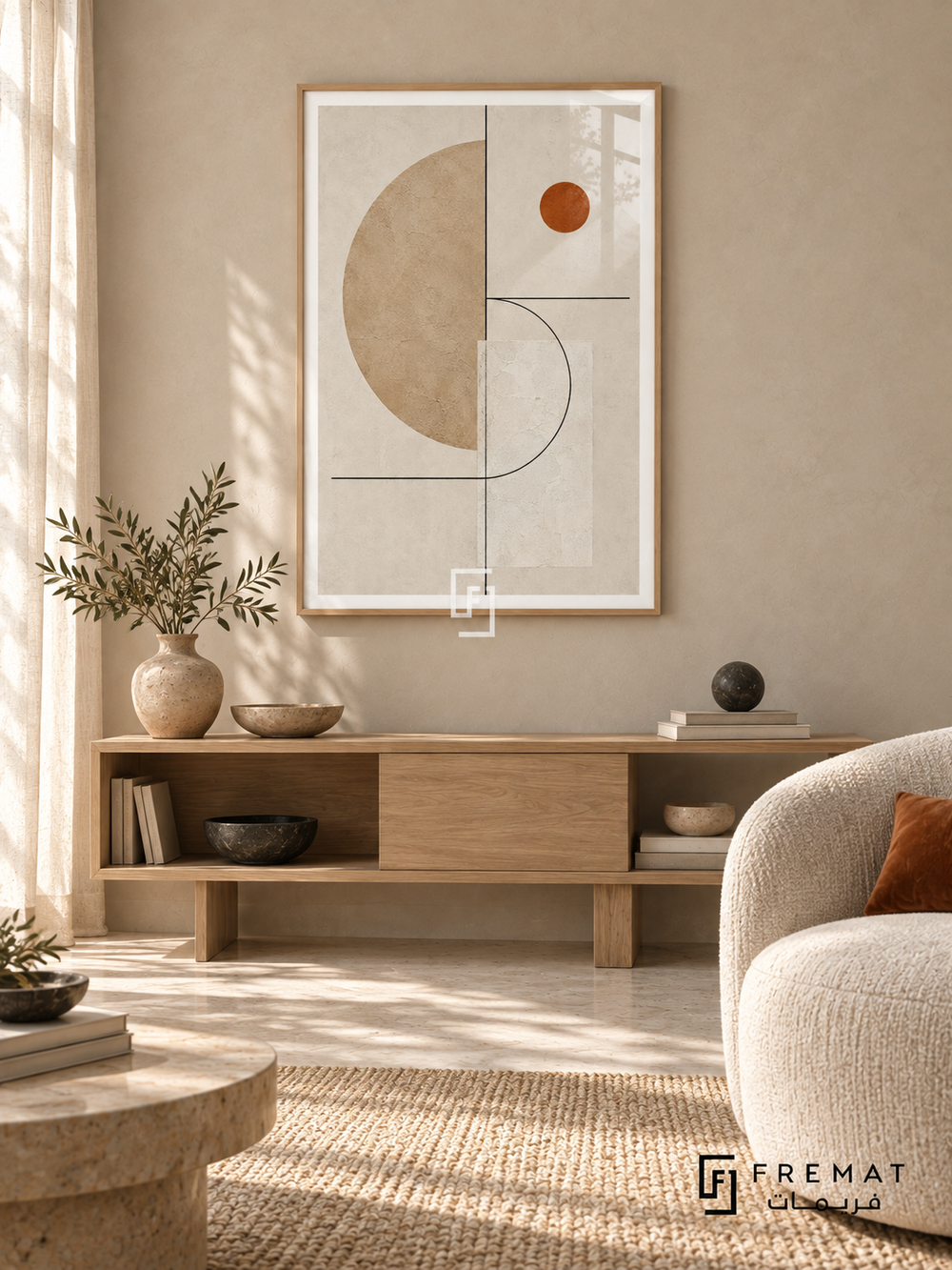 Sand Equilibrium: A textured sand semicircle, small rust disc and ivory rectangle balance around fine black straight and curved lines on warm cream. Wooden Texture PVC frame displayed with a pale oak sideboard and cream lounge chair.