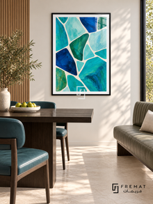 Lagoon Mosaic: Irregular turquoise, aqua, cobalt and deep green shapes form a painterly mosaic separated by flowing ivory channels. Black PVC frame displayed with a dark dining table with teal chairs and upholstered banquette.