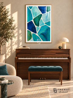 Lagoon Mosaic: Irregular turquoise, aqua, cobalt and deep green shapes form a painterly mosaic separated by flowing ivory channels. Gold PVC frame displayed with a walnut upright piano and teal bench.