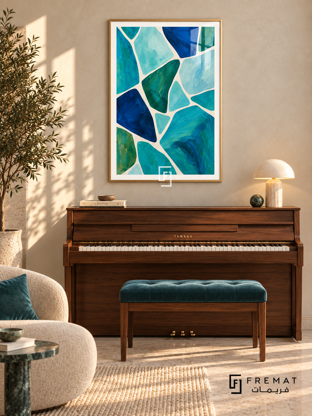Lagoon Mosaic: Irregular turquoise, aqua, cobalt and deep green shapes form a painterly mosaic separated by flowing ivory channels. Gold PVC frame displayed with a walnut upright piano and teal bench.