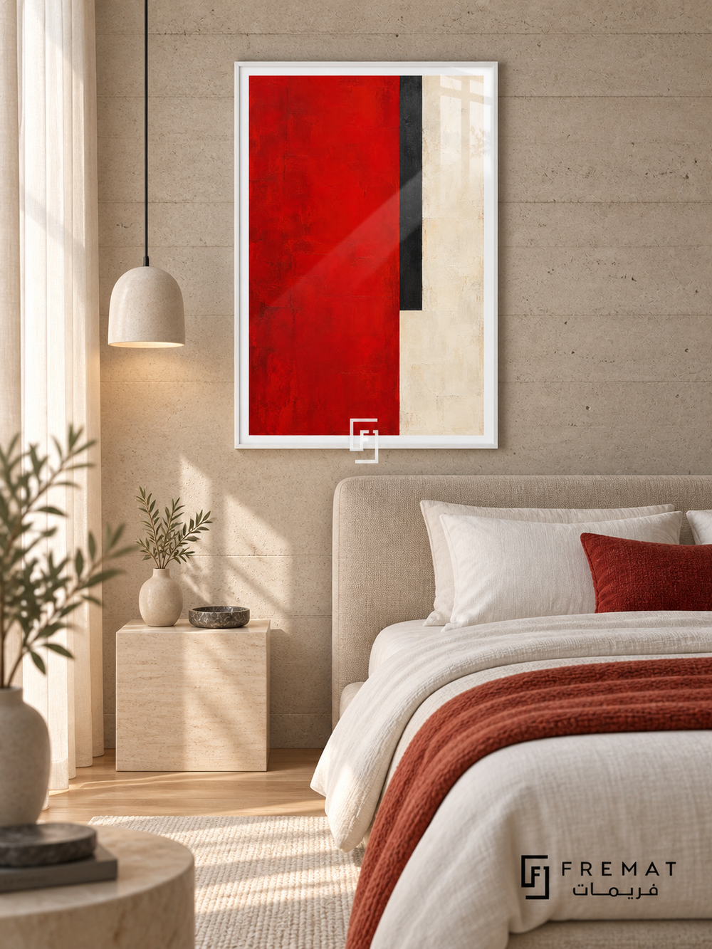 Vermilion Divide: A broad textured vermilion field meets warm ivory beside a narrow charcoal vertical bar that ends above the lower edge. White PVC frame displayed with a neutral bed with rust textiles and stone nightstand.