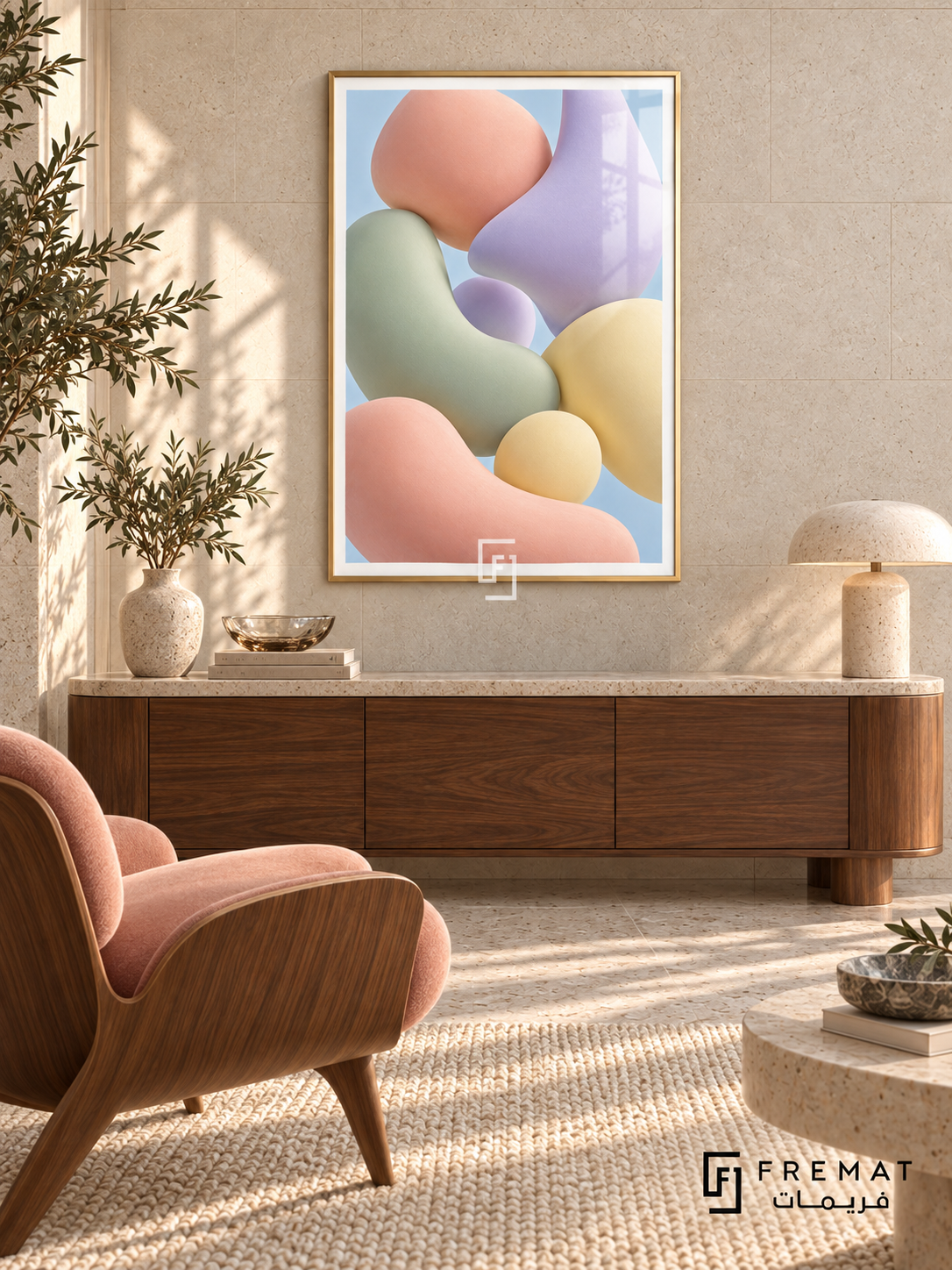 Pastel Drift: Softly shaded pebble-like forms in peach, sage, lilac and pale yellow float together against a light blue background. Gold PVC frame displayed with a stone-topped walnut sideboard and peach lounge chair.