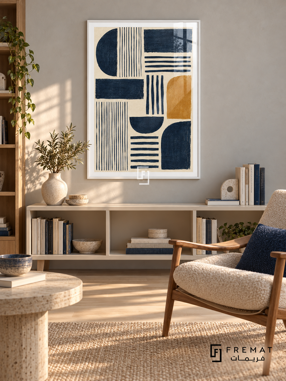 Indigo Cadence: Indigo semicircles, rectangles and parallel stripes form a rhythmic arrangement on textured cream, accented by a single ochre rounded block. White PVC frame displayed with a cream book console and oak armchair.