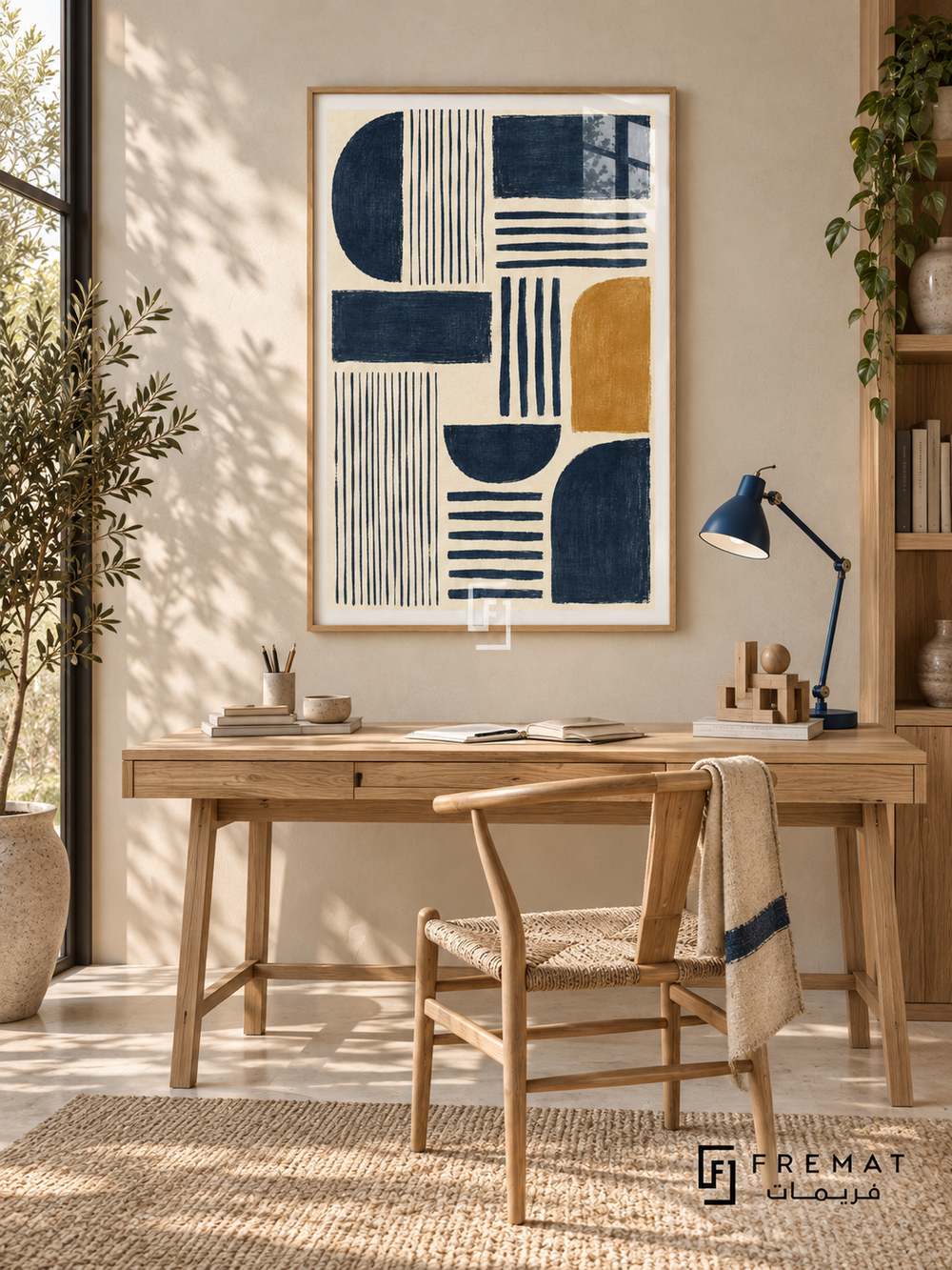 Indigo Cadence: Indigo semicircles, rectangles and parallel stripes form a rhythmic arrangement on textured cream, accented by a single ochre rounded block. Wooden Texture PVC frame displayed with an oak writing desk and woven chair.