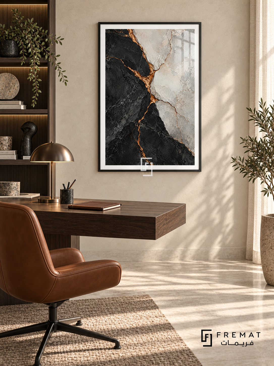Gilded Fault: Charcoal and pale stone-like fields split along branching copper-gold seams, creating a dramatic fractured mineral pattern. Black PVC frame displayed with a dark floating desk and leather swivel chair.