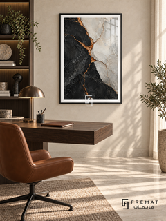 Gilded Fault: Charcoal and pale stone-like fields split along branching copper-gold seams, creating a dramatic fractured mineral pattern. Black PVC frame displayed with a dark floating desk and leather swivel chair.