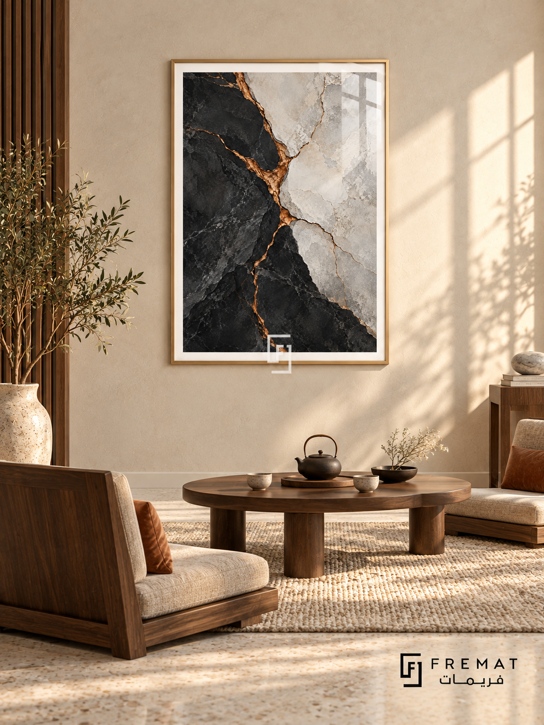 Gilded Fault: Charcoal and pale stone-like fields split along branching copper-gold seams, creating a dramatic fractured mineral pattern. Gold PVC frame displayed with a low walnut tea table and upholstered floor chairs.
