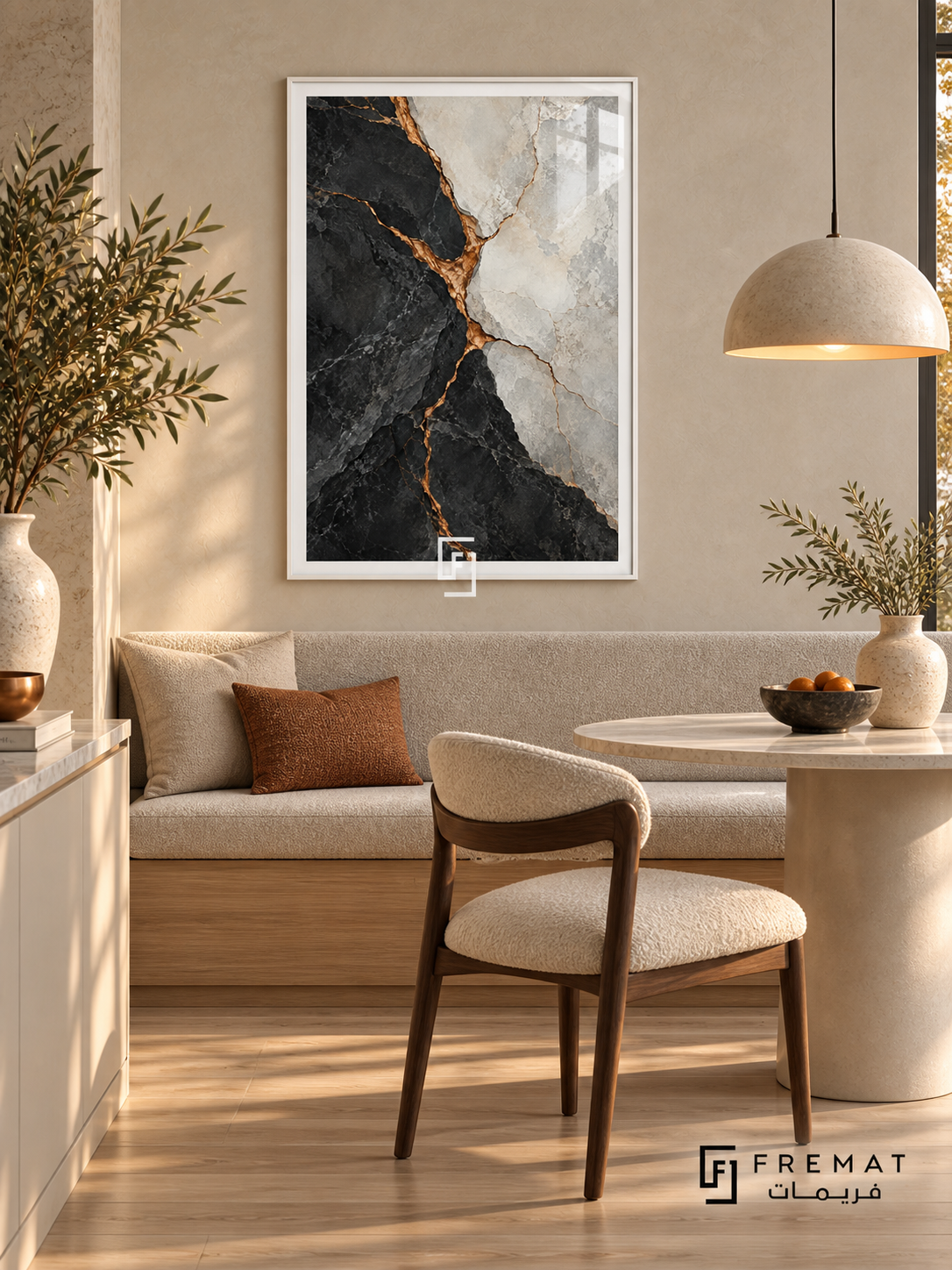 Gilded Fault: Charcoal and pale stone-like fields split along branching copper-gold seams, creating a dramatic fractured mineral pattern. White PVC frame displayed with a cream dining banquette and round stone table.