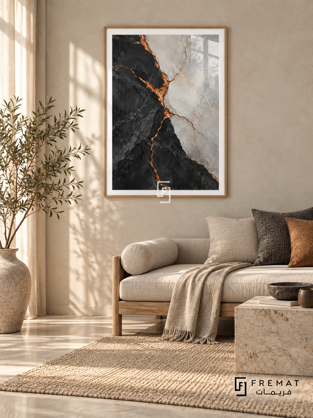 Gilded Fault: Charcoal and pale stone-like fields split along branching copper-gold seams, creating a dramatic fractured mineral pattern. Wooden Texture PVC frame displayed with a linen sofa with charcoal and rust cushions.