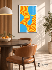 Citrus Frequency: Vibrant orange and yellow stripes bend into sinuous waves between large sky-blue curves and rounded fields. Black PVC frame displayed with a round walnut dining table and tan leather chairs.