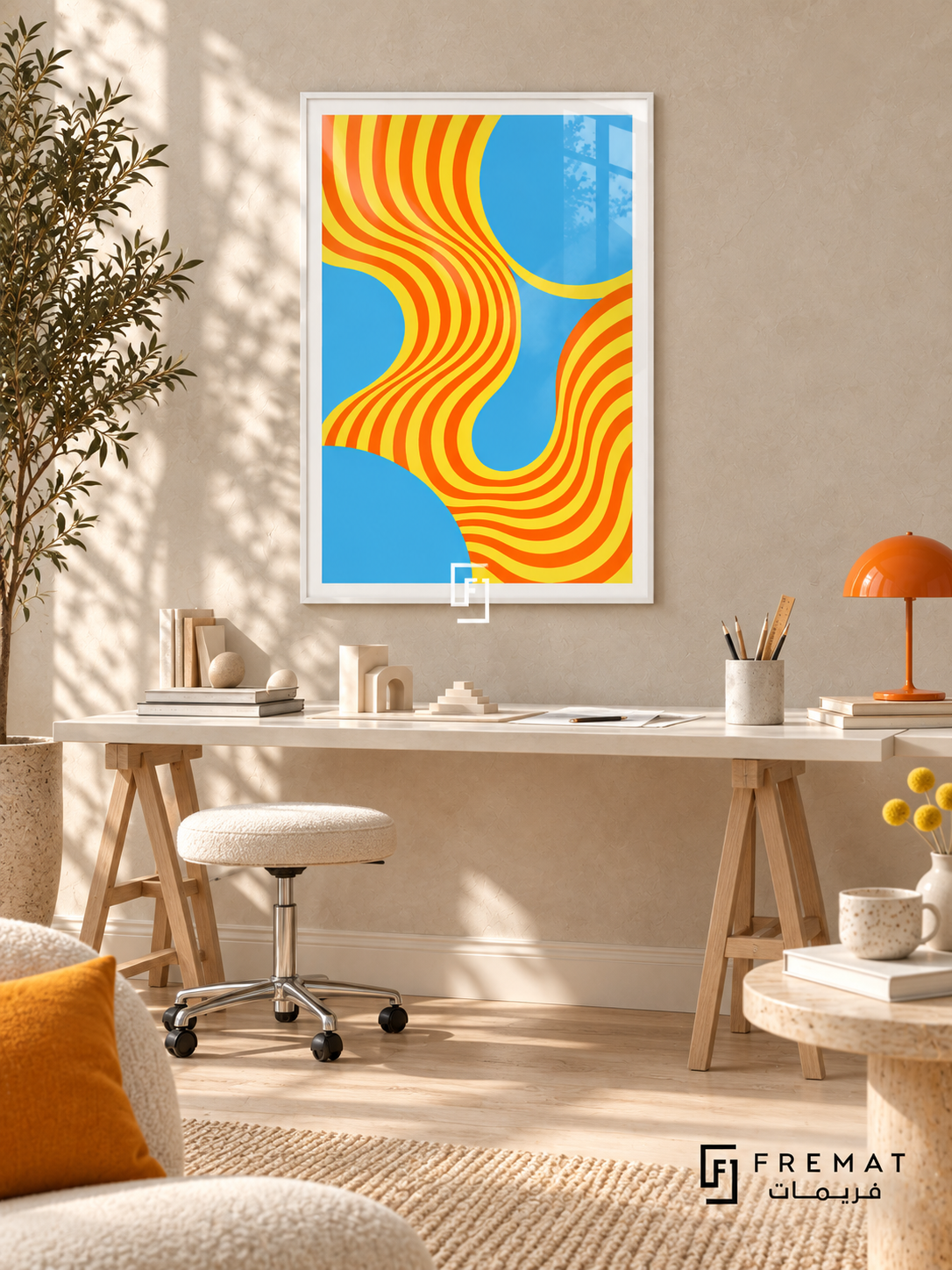 Citrus Frequency: Vibrant orange and yellow stripes bend into sinuous waves between large sky-blue curves and rounded fields. White PVC frame displayed with a pale trestle desk with cream swivel stool and orange lamp.
