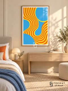 Citrus Frequency: Vibrant orange and yellow stripes bend into sinuous waves between large sky-blue curves and rounded fields. Wooden Texture PVC frame displayed with a neutral bed and pale oak dresser with orange and blue textiles.