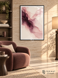 Plum Veil: Translucent blush and mauve veils flow diagonally around a deep plum center, with delicate gold-colored lines on ivory. Black PVC frame displayed with a rose armchair beside dark shelves and a floor lamp.