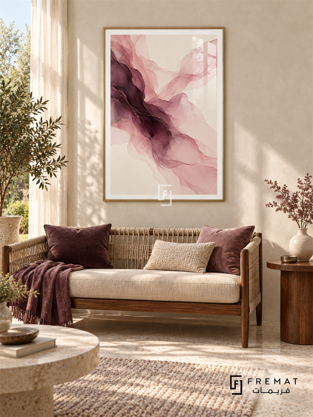 Plum Veil: Translucent blush and mauve veils flow diagonally around a deep plum center, with delicate gold-colored lines on ivory. Gold PVC frame displayed with a woven walnut sofa with plum textiles.
