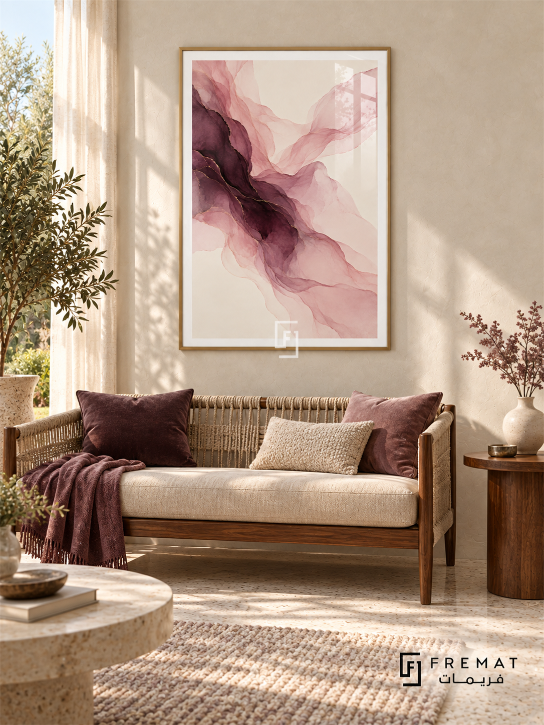 Plum Veil: Translucent blush and mauve veils flow diagonally around a deep plum center, with delicate gold-colored lines on ivory. Gold PVC frame displayed with a woven walnut sofa with plum textiles.