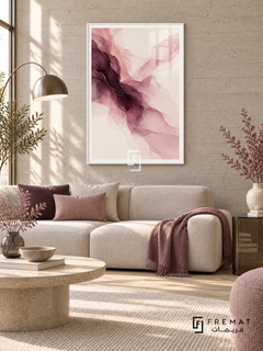 Plum Veil: Translucent blush and mauve veils flow diagonally around a deep plum center, with delicate gold-colored lines on ivory. White PVC frame displayed with a cream sofa with plum and rose cushions.