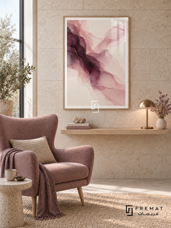 Plum Veil: Translucent blush and mauve veils flow diagonally around a deep plum center, with delicate gold-colored lines on ivory. Wooden Texture PVC frame displayed with a rose wingback chair and floating oak shelf.