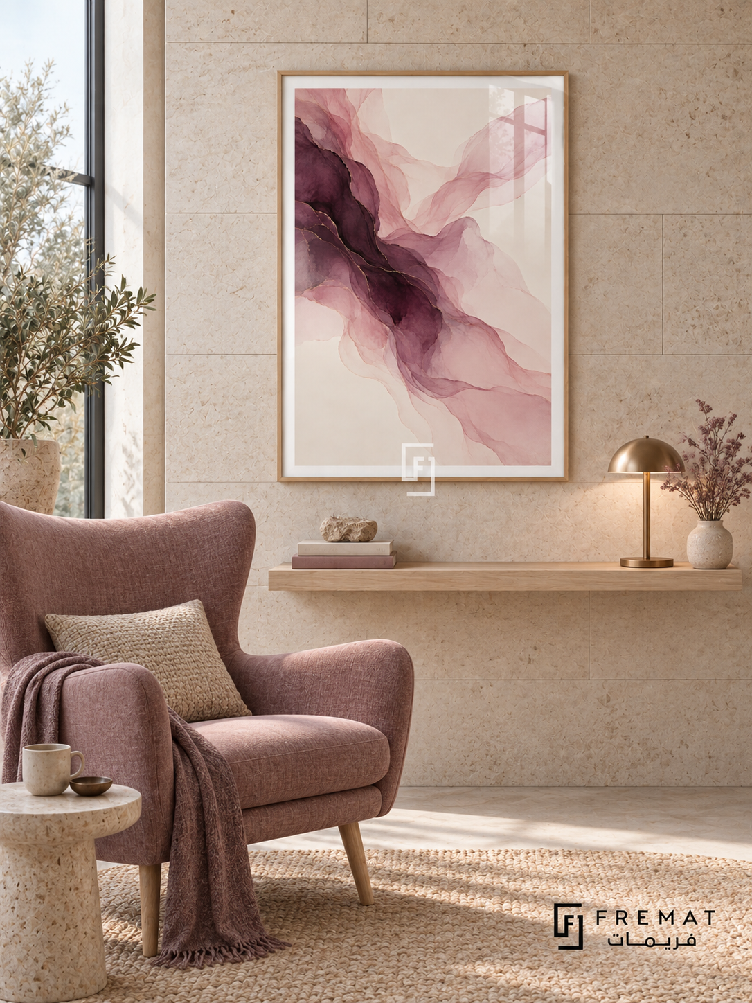Plum Veil: Translucent blush and mauve veils flow diagonally around a deep plum center, with delicate gold-colored lines on ivory. Wooden Texture PVC frame displayed with a rose wingback chair and floating oak shelf.